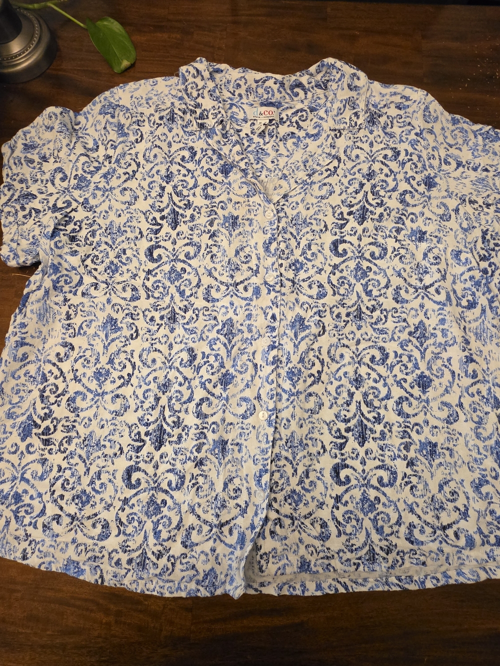 Denim & Co. Blue White Paisley Floral Button Front Blouse Top Plus Size 1X